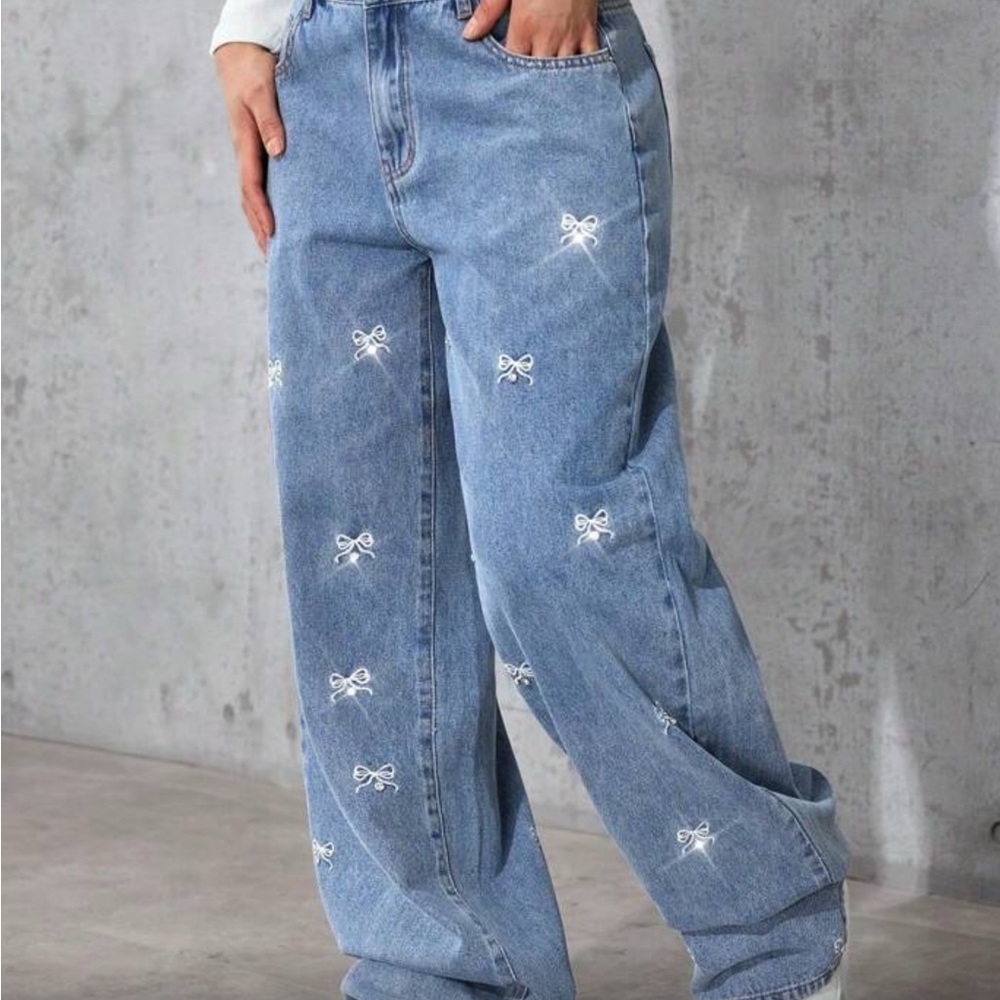 Joe B Light Blue Bow Accent Wide Leg Jeans